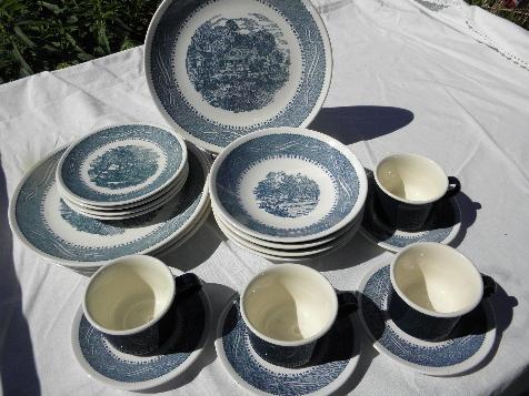 photo of blue & white Currier & Ives china set, vintage Anchor Hocking ironstone #1