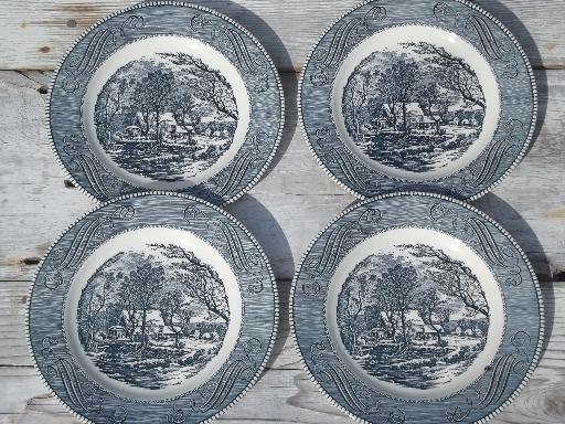 photo of blue & white Currier & Ives grist mill dinner plates vintage Royal china #1