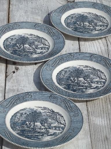 photo of blue & white Currier & Ives grist mill dinner plates vintage Royal china #2