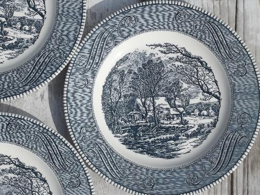 photo of blue & white Currier & Ives grist mill dinner plates vintage Royal china #3