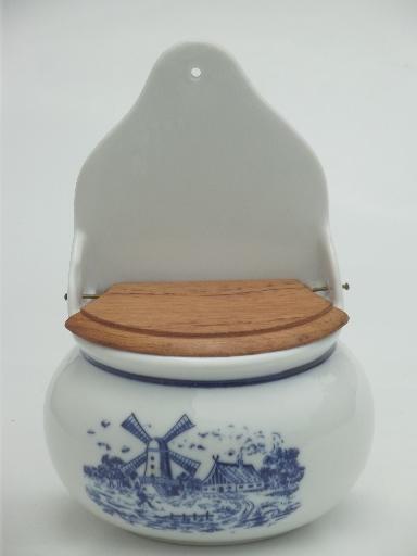 photo of blue & white china salt box, vintage Delft style Dutch windmills scene #1