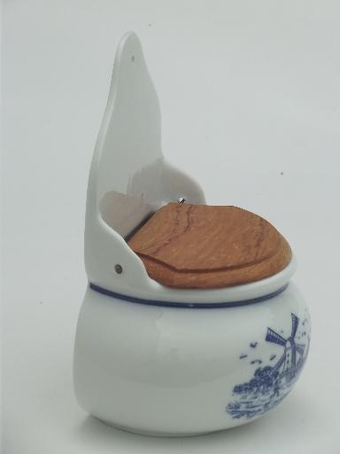 photo of blue & white china salt box, vintage Delft style Dutch windmills scene #2