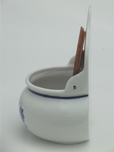 photo of blue & white china salt box, vintage Delft style Dutch windmills scene #3