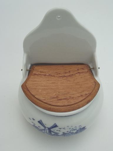 photo of blue & white china salt box, vintage Delft style Dutch windmills scene #5