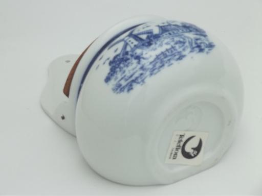 photo of blue & white china salt box, vintage Delft style Dutch windmills scene #7