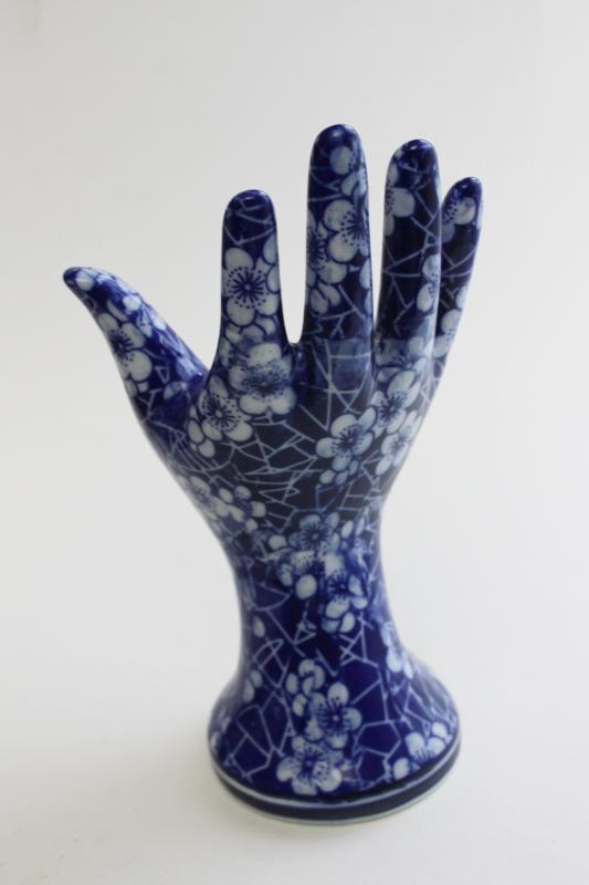 photo of blue & white chintz china hand, vintage jewelry holder model mannequin display  #2