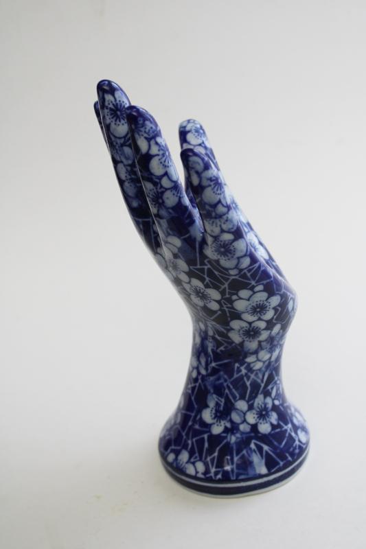 photo of blue & white chintz china hand, vintage jewelry holder model mannequin display  #3