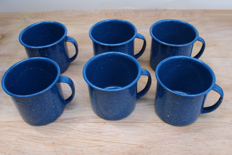 photo of blue white enamelware camp cups, big mugs for soup or coffee, vintage graniteware #2