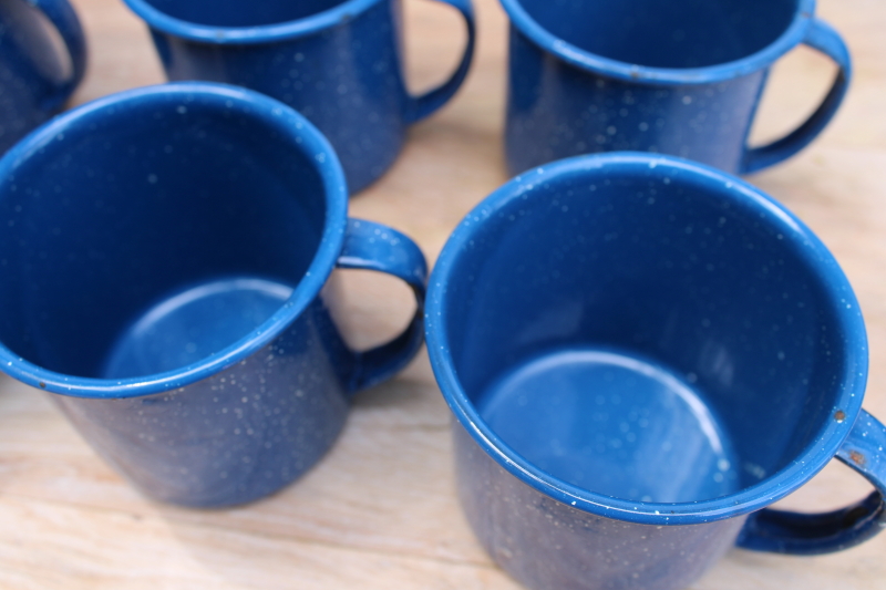 photo of blue white enamelware camp cups, big mugs for soup or coffee, vintage graniteware #3