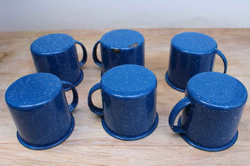 photo of blue white enamelware camp cups, big mugs for soup or coffee, vintage graniteware #4