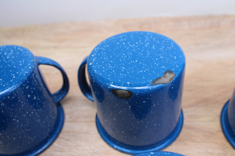 photo of blue white enamelware camp cups, big mugs for soup or coffee, vintage graniteware #5