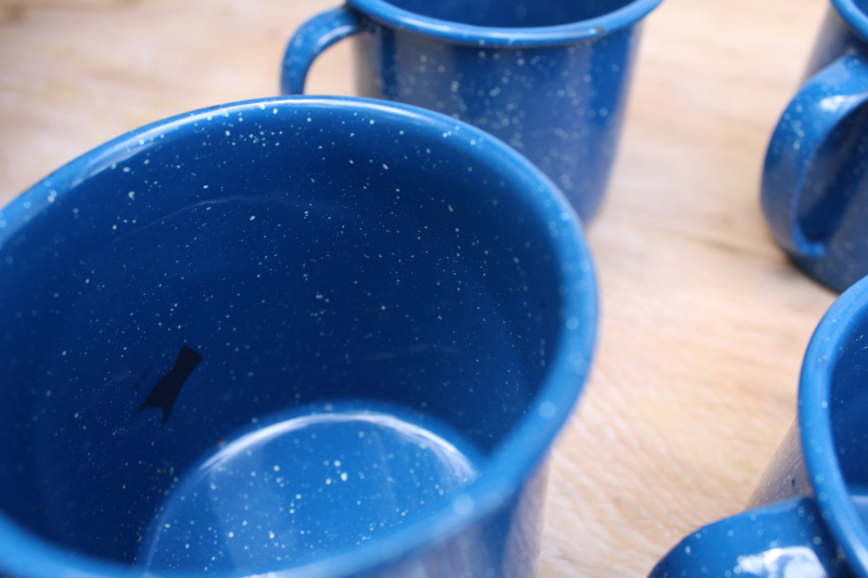 photo of blue white enamelware camp cups, big mugs for soup or coffee, vintage graniteware #6