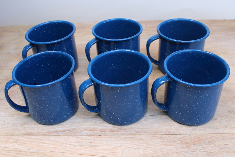 photo of blue white enamelware camp cups, big mugs for soup or coffee, vintage graniteware #7