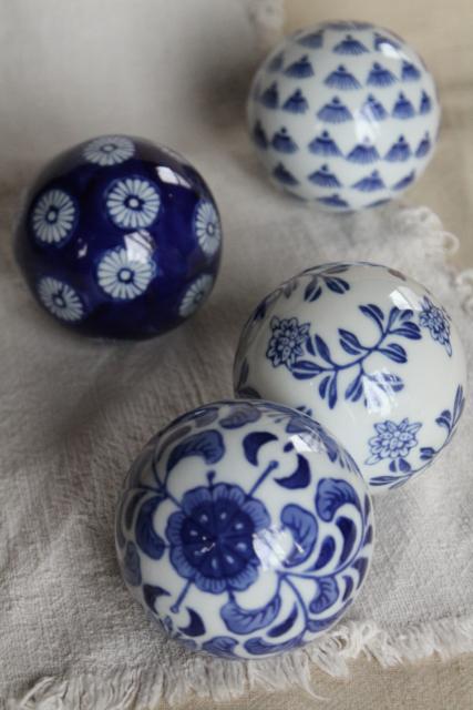 photo of blue & white porcelain china carpet balls, 1990s vintage Victorian style decorative ornaments #1