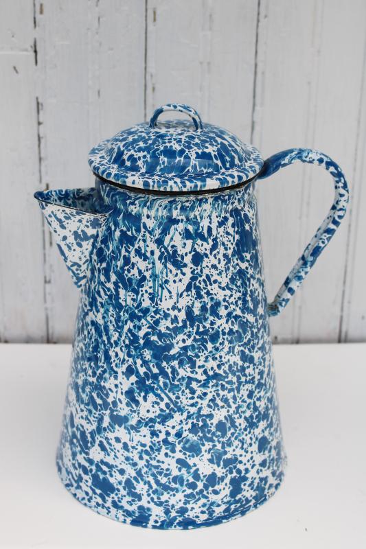 photo of blue & white splatterware enamelware coffee pot for camp or vintage kitchen #1
