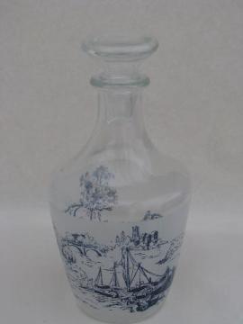 catalog photo of blue & white toile print, vintage France decanter bottle w/ stopper