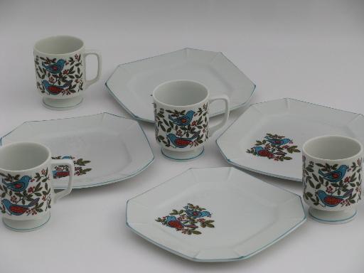 photo of bluebird distlefink folk art china dishes, vintage Japan cups and plates #2