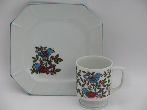 photo of bluebird distlefink folk art china dishes, vintage Japan cups and plates #3