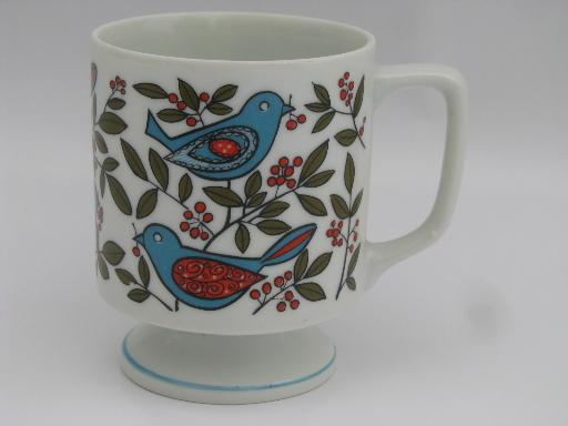 photo of bluebird distlefink folk art china dishes, vintage Japan cups and plates #4