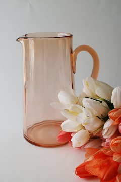 catalog photo of blush pink depression glass, deco mod vintage cocktail or lemonade pitcher