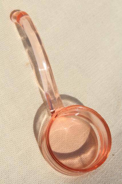 photo of blush pink depression glass sauce ladle, vintage elegant glass mayonnaise bowl spoon #1