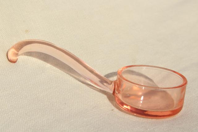 photo of blush pink depression glass sauce ladle, vintage elegant glass mayonnaise bowl spoon #2