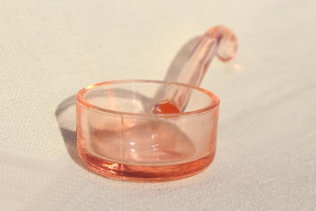 photo of blush pink depression glass sauce ladle, vintage elegant glass mayonnaise bowl spoon #3