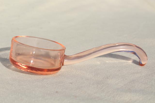 photo of blush pink depression glass sauce ladle, vintage elegant glass mayonnaise bowl spoon #4