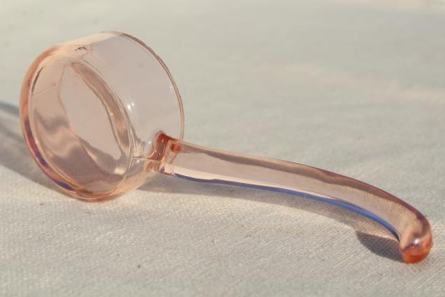 photo of blush pink depression glass sauce ladle, vintage elegant glass mayonnaise bowl spoon #5