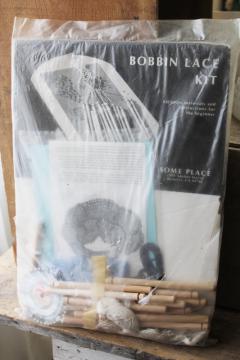 catalog photo of bobbin lace making kit w/ board, wood bobbins, cotton thread, pattern & instructions