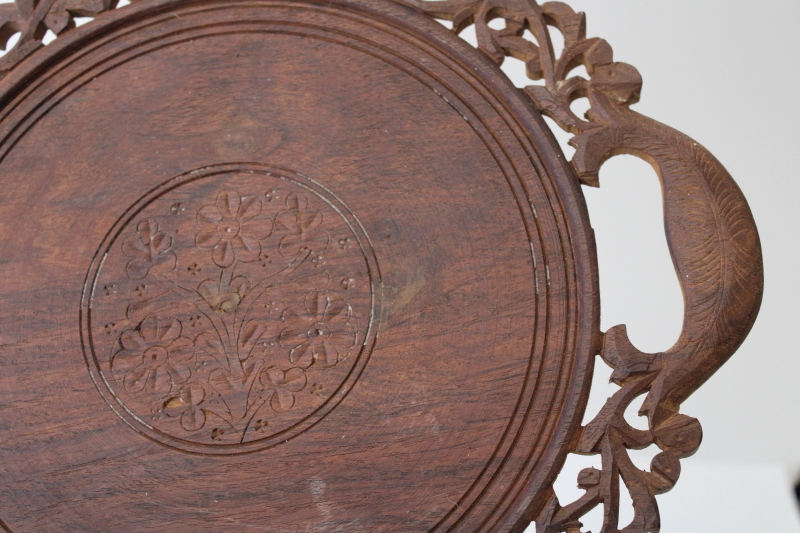 photo of bohemian hippie vintage carved wood tray from India, round plate w/ lacy carving #2
