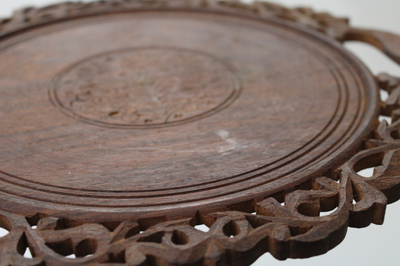 photo of bohemian hippie vintage carved wood tray from India, round plate w/ lacy carving #3