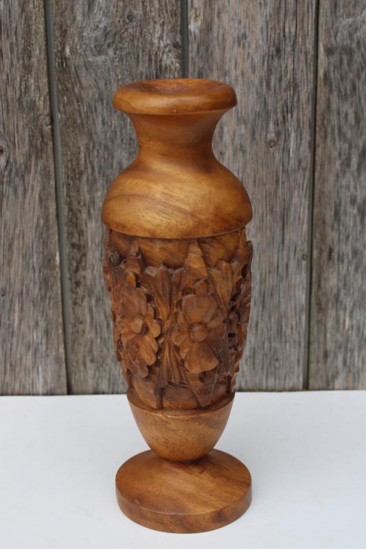 photo of bohemian hippie vintage carved wood vase from India, retro decor sheesham wood? #1