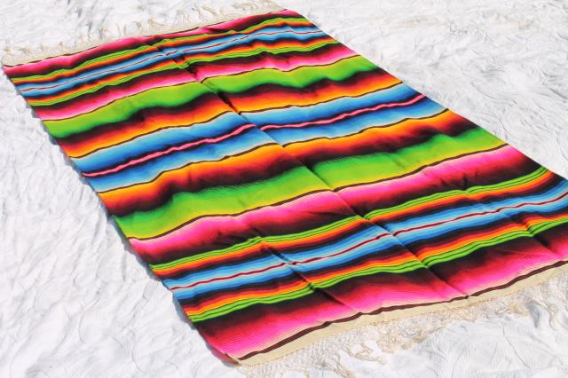 photo of bohemian style vintage Mexican Indian blanket rug w/ crazy bright colored stripes #1