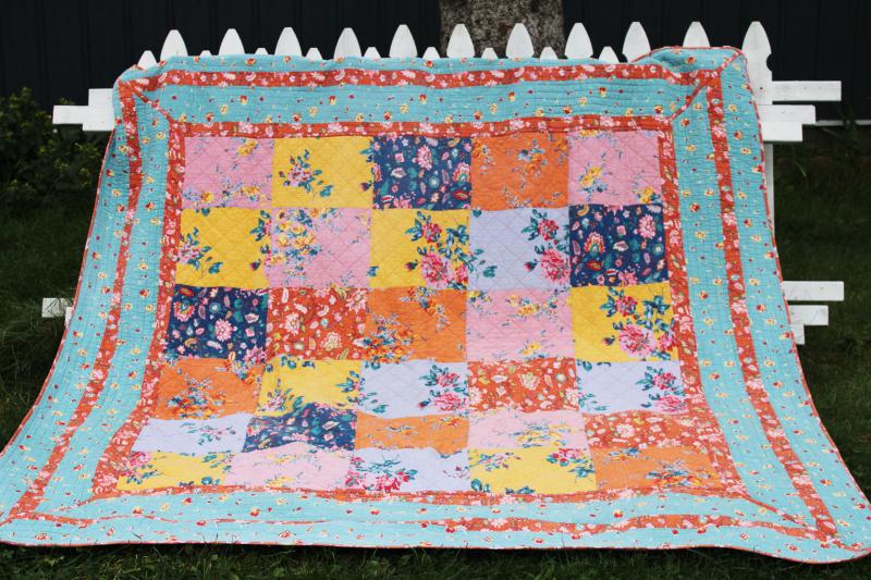 photo of bohemian style vintage queen size quilted bedspread, patchwork of florals bright colors #1