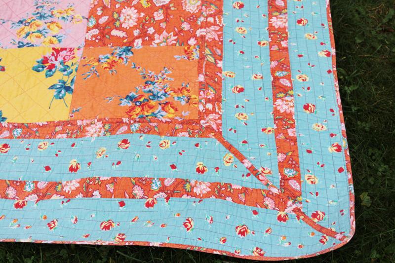 photo of bohemian style vintage queen size quilted bedspread, patchwork of florals bright colors #5