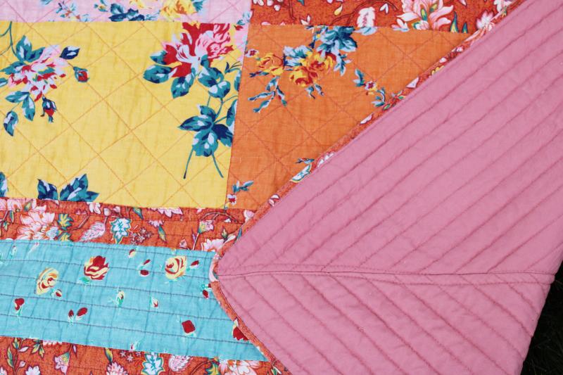 photo of bohemian style vintage queen size quilted bedspread, patchwork of florals bright colors #6