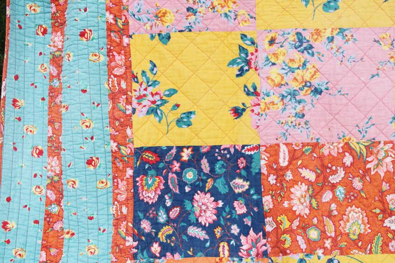 photo of bohemian style vintage queen size quilted bedspread, patchwork of florals bright colors #8