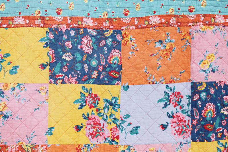 photo of bohemian style vintage queen size quilted bedspread, patchwork of florals bright colors #9