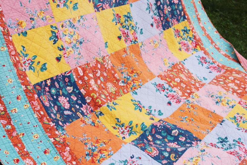 photo of bohemian style vintage queen size quilted bedspread, patchwork of florals bright colors #10