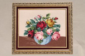 catalog photo of bohemian vintage framed rose bouquet crewel wool needlepoint picture in fancy gold frame