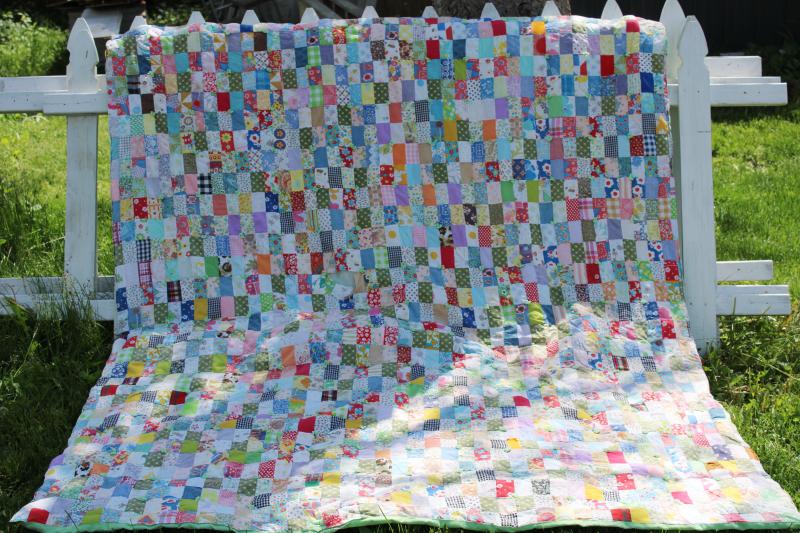 photo of bohemian vintage handmade comforter, colorful prints patchwork blocks tied quilt #1