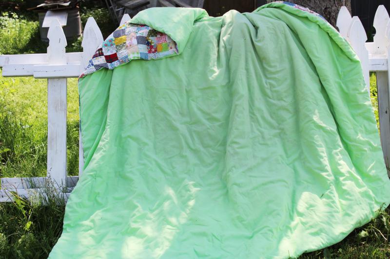 photo of bohemian vintage handmade comforter, colorful prints patchwork blocks tied quilt #3