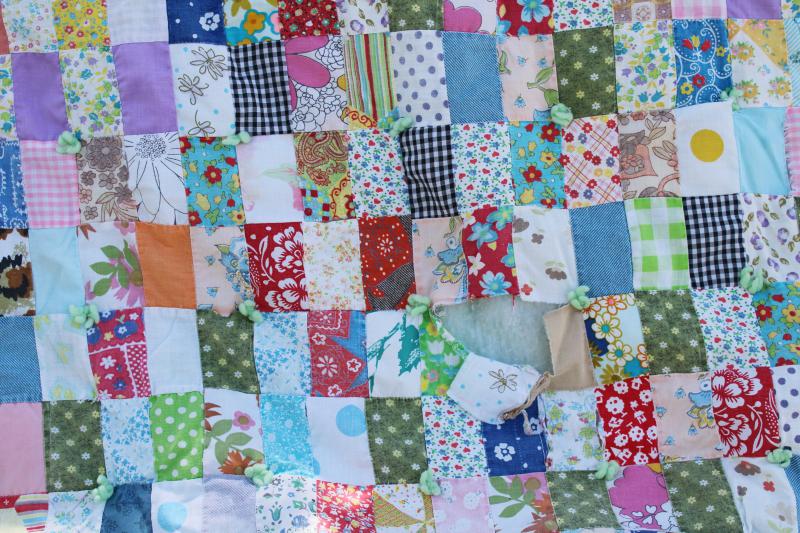 photo of bohemian vintage handmade comforter, colorful prints patchwork blocks tied quilt #4