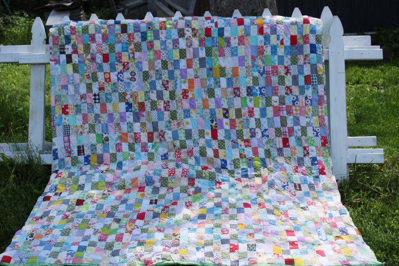 photo of bohemian vintage handmade comforter, colorful prints patchwork blocks tied quilt #5