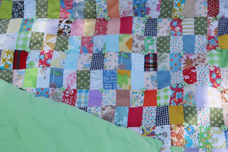 photo of bohemian vintage handmade comforter, colorful prints patchwork blocks tied quilt #6