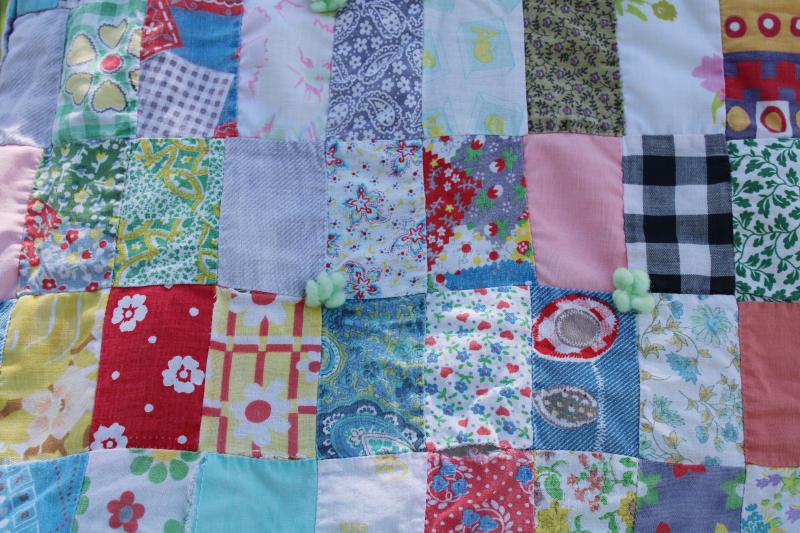 photo of bohemian vintage handmade comforter, colorful prints patchwork blocks tied quilt #7