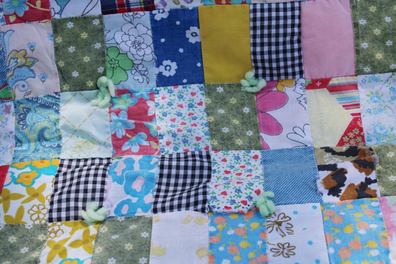 photo of bohemian vintage handmade comforter, colorful prints patchwork blocks tied quilt #8