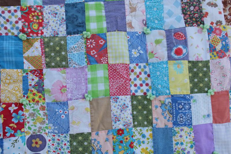 photo of bohemian vintage handmade comforter, colorful prints patchwork blocks tied quilt #9