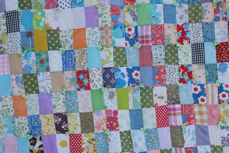 photo of bohemian vintage handmade comforter, colorful prints patchwork blocks tied quilt #10